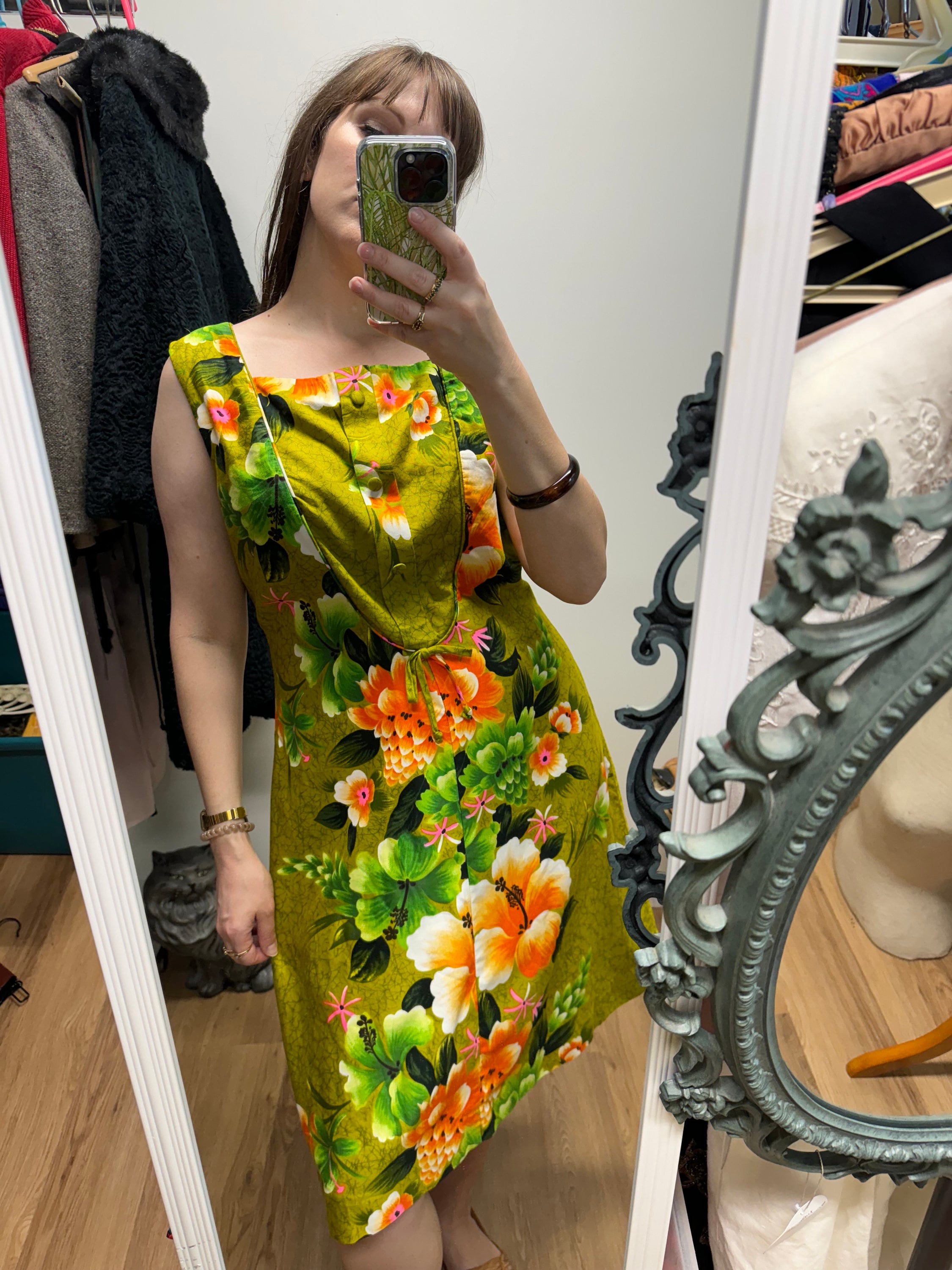Vintage 60s Bright Tropical Floral Hawaiian Dress Baby Doll Dress
