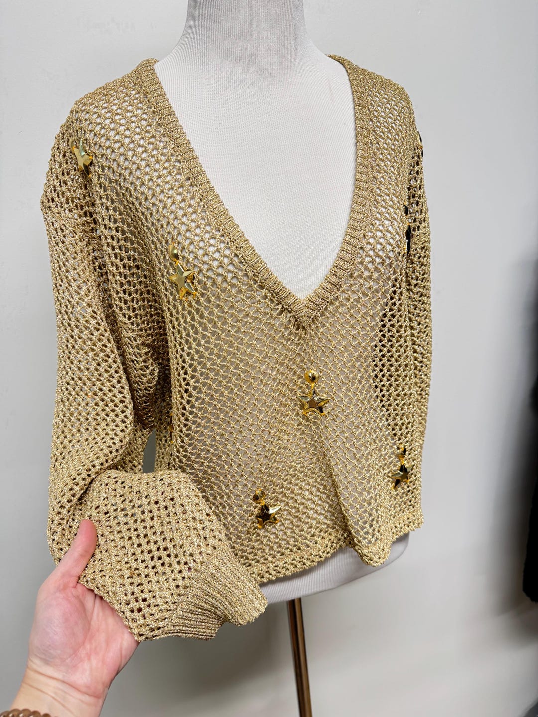 Vintage 80s 90s Metallic Gold Fish Net Open Knit Top Disco Style 
