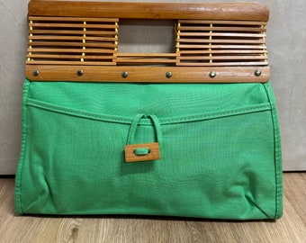 Vintage 70s bright green canvas top handle purse with bamboo wood handle