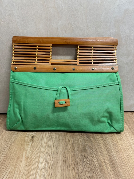 Vintage 70s bright green canvas top handle purse w