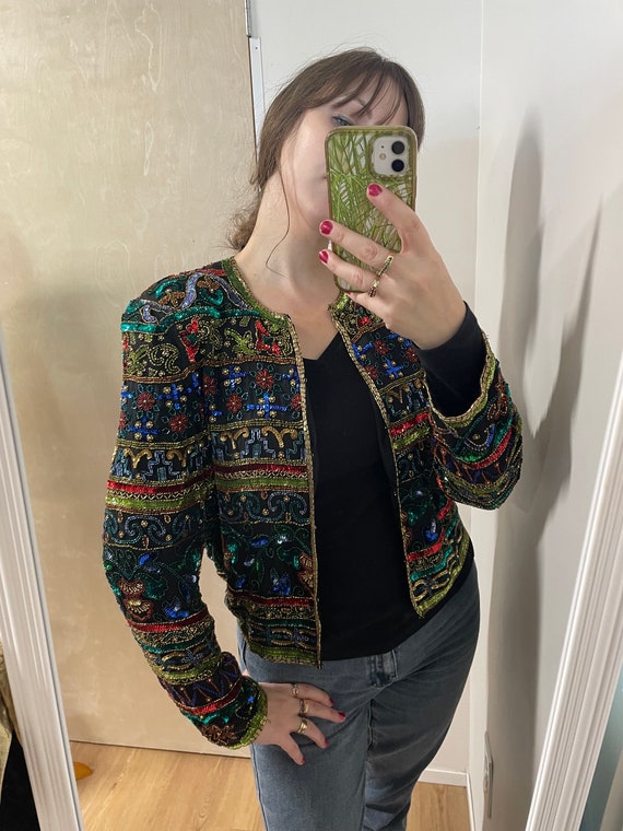 Vintage 80s 90s sequined cropped jacket holiday N… - image 3