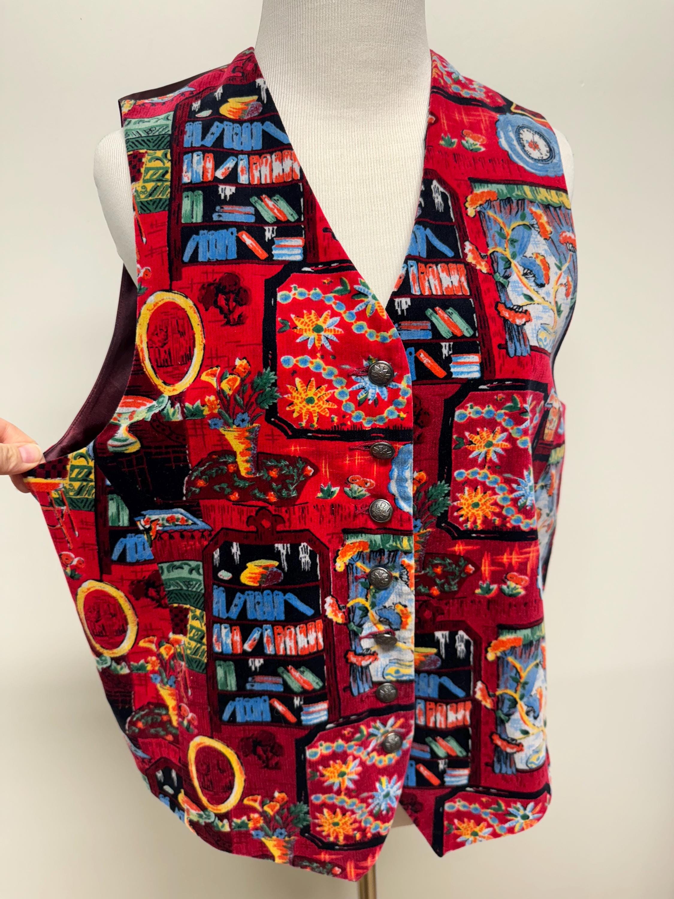 Vintage 90s Banana Republic Velvet Novelty Print Vest Bookshelf