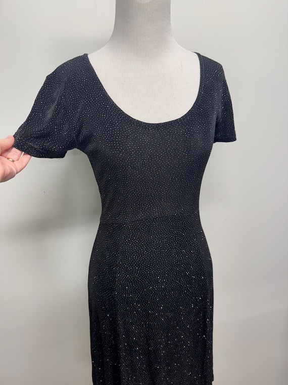 early 90s dress Vintage 00s Y2k Glitter Polka Dot Little Black 90s Bouncy Stretchy Material Size:US16W Web Collection: Xmas Party backless mock neck dress