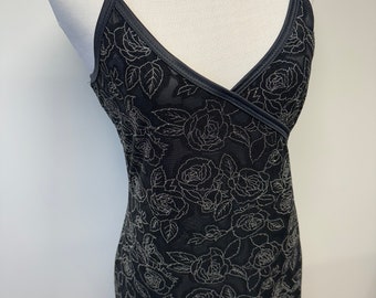 Vintage 90s 00s Y2K mini dress black burnout fabric with roses