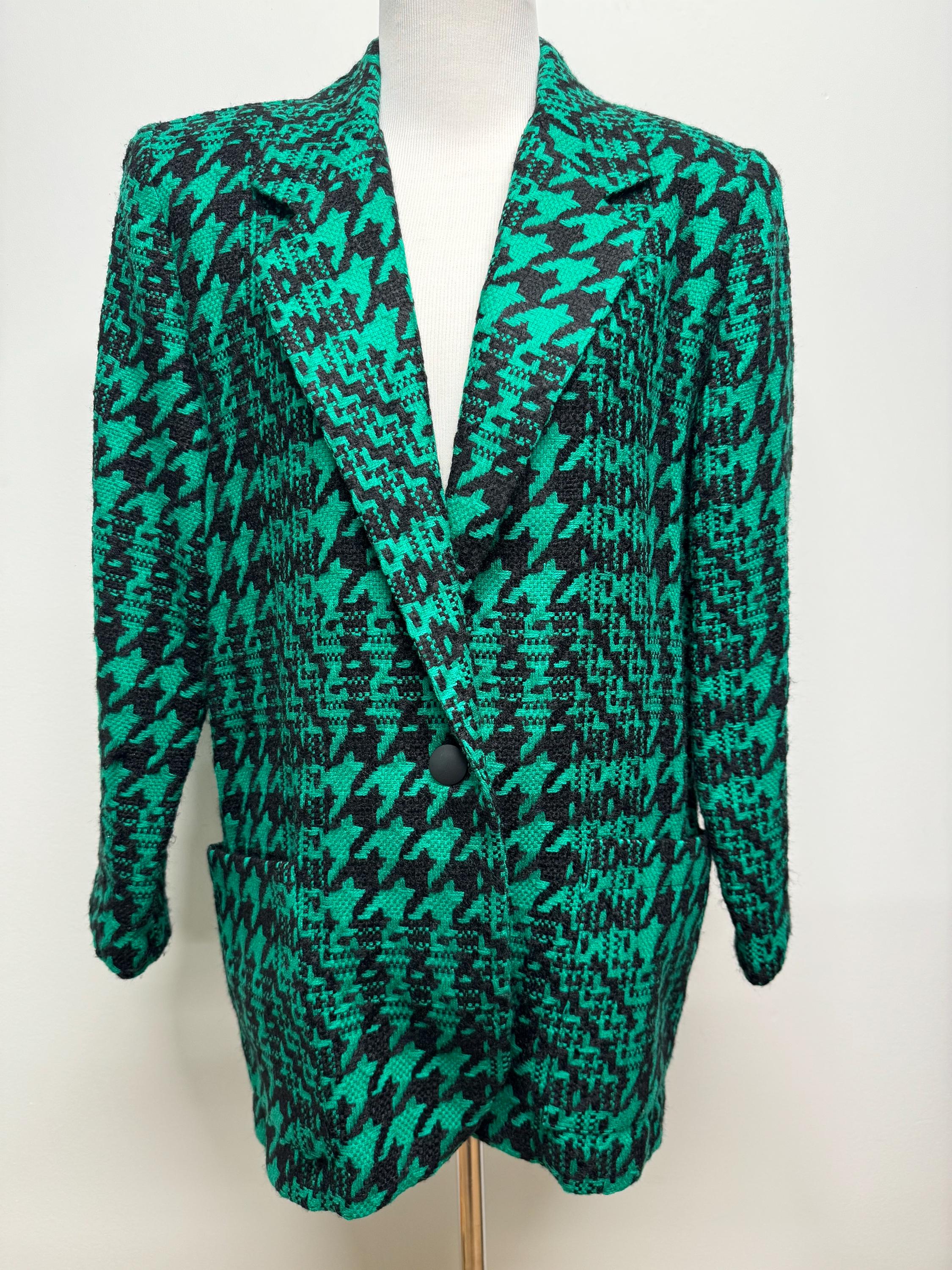 Vintage 80s 90s Boxy Houndstooth Green and Black Blazer