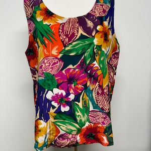 Vintage 80er 90er super helles tropisches abstraktes florales Seiden Tank Top Tiki-Stil