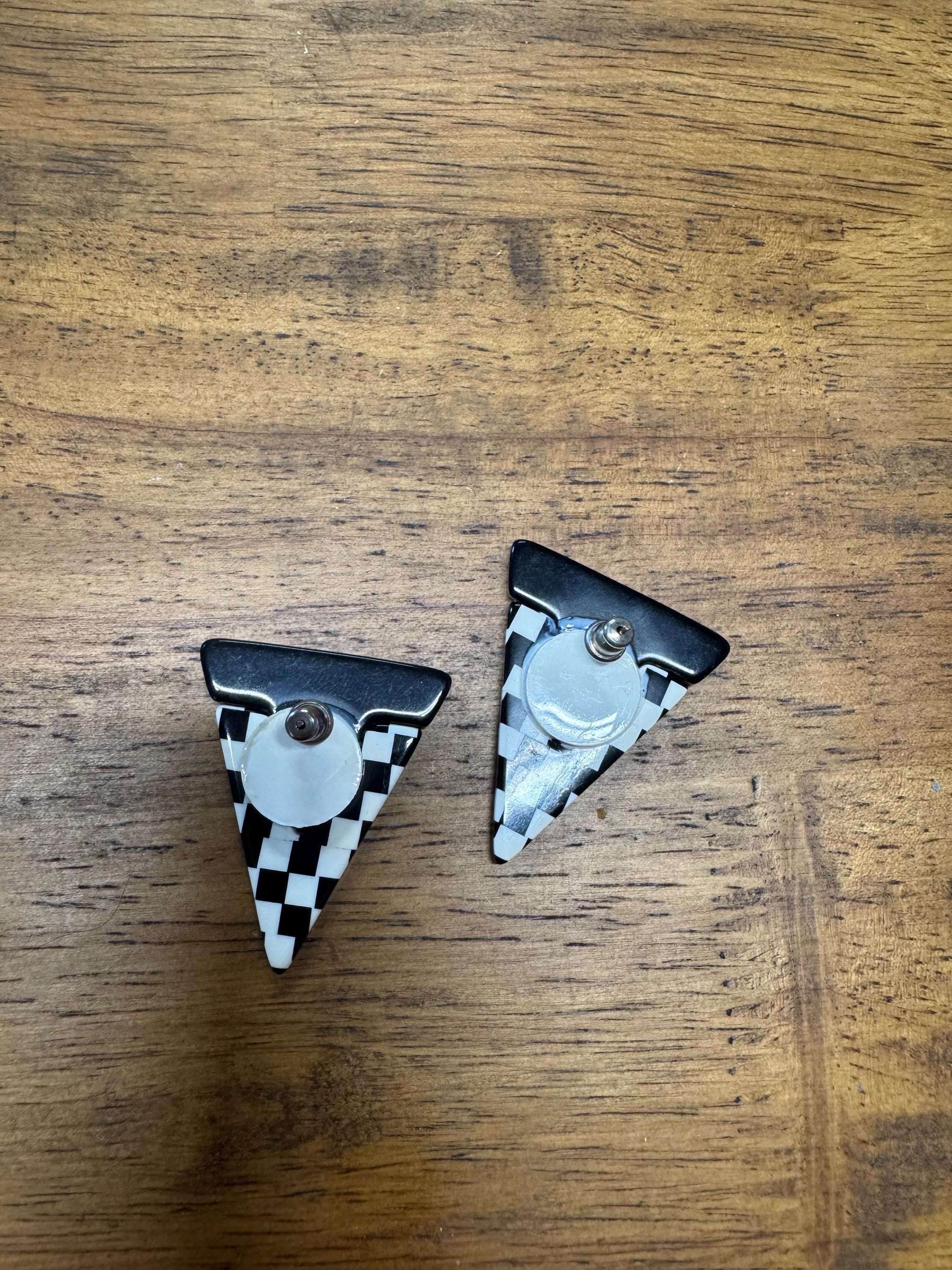 Boucles D'oreilles Vintage Damier Noir Et Blanc - Années 80, Plastique, Clips