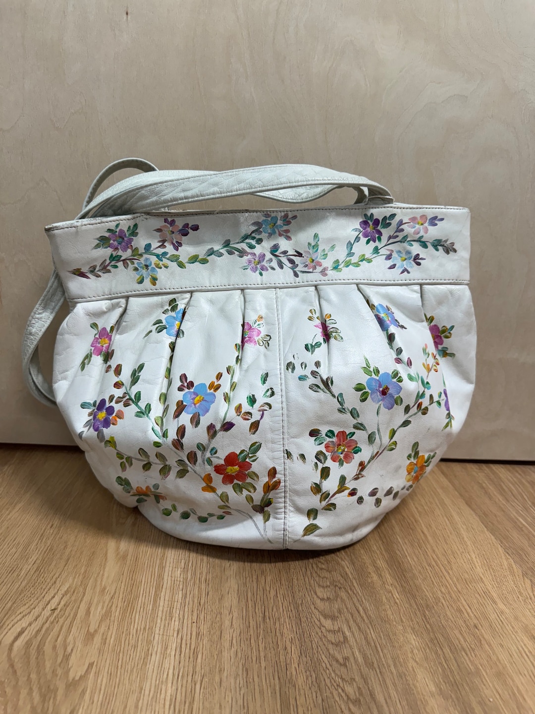 Vintage 70s 80s L White Leather Slouchy Purse With Hand Painted