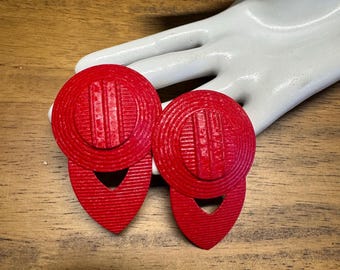 Vintage 80s 90s red painted metal earrings oversized huge clip on earrings