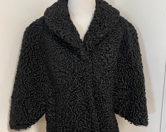 Vintage 50s Persian lambswool cropped cape black fur wrap shawl