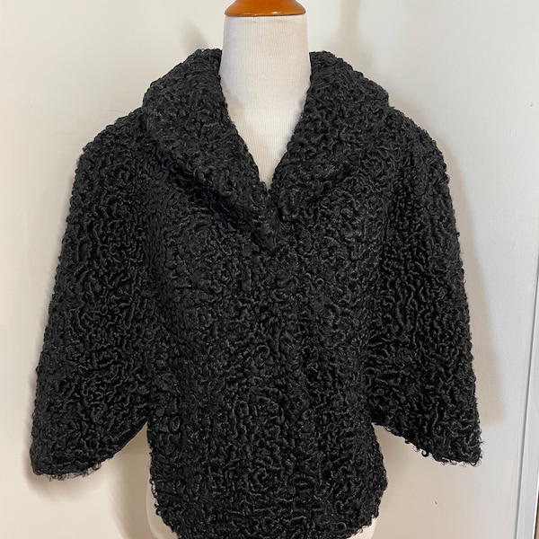 Vintage 50s Persian Lambswool Cropped Cape Black Fur Wrap Shawl