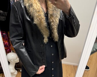 Vintage 90s Y2k Black Leather Jacket With Faux Rabbit Fur Collar