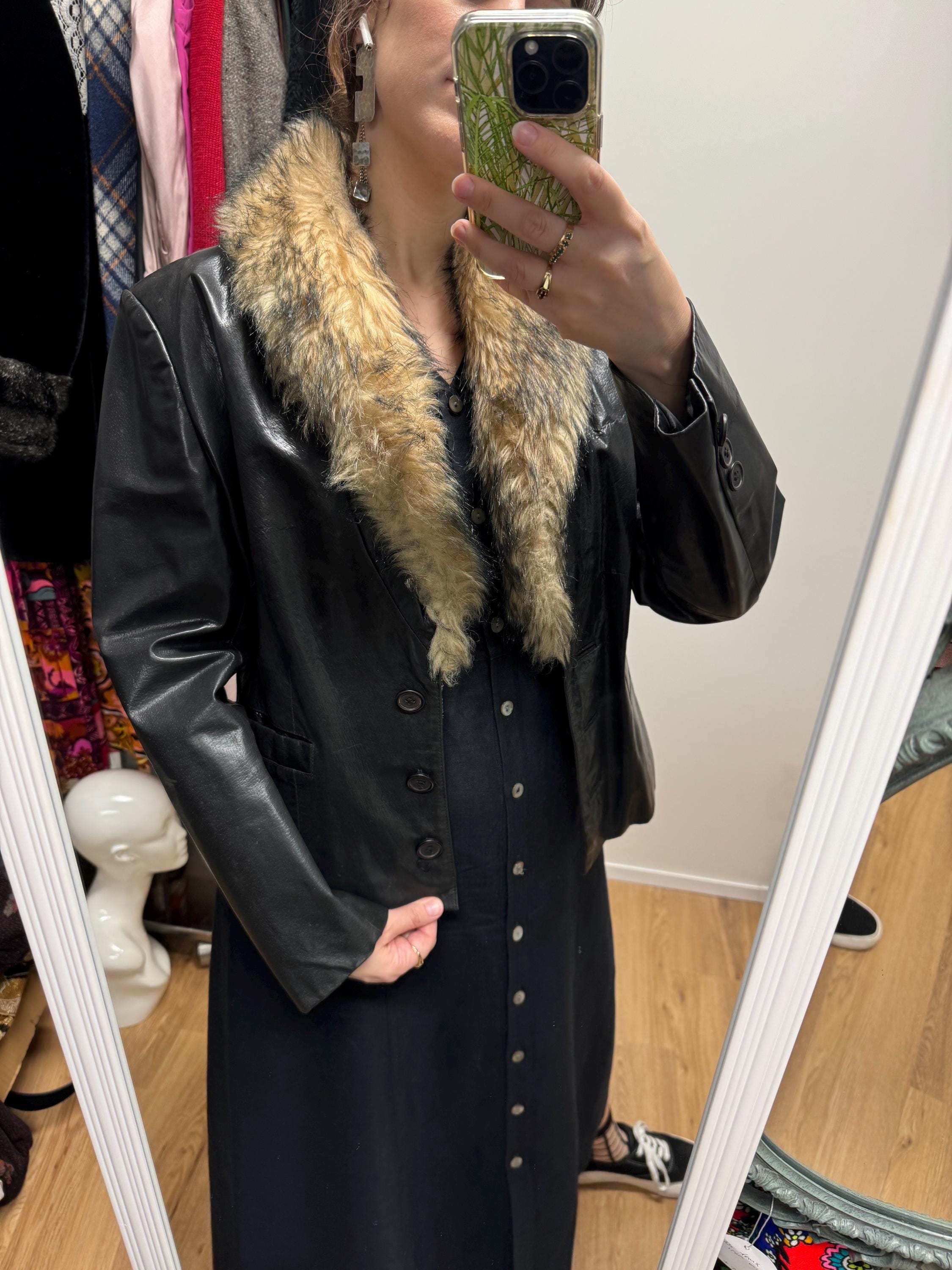 Vintage 90s Y2k Black Leather Jacket With Faux Rabbit Fur Collar
