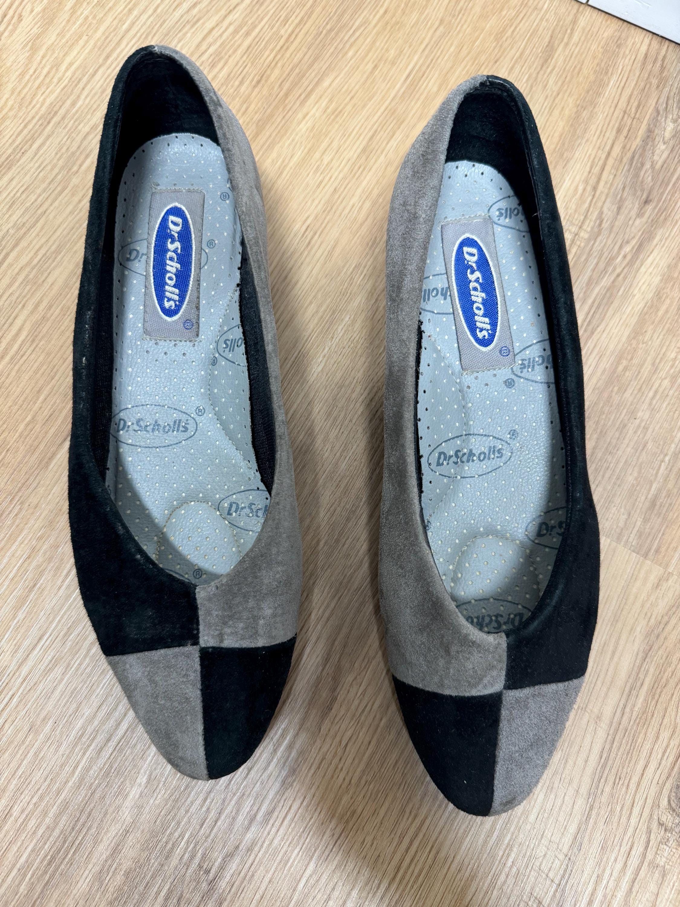 Vintage 80s Size 7 Color Block Black and Grey Suede Dr Scholls Flats Comfortable and Cute Etsy