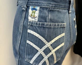 Vintage 70s Our Bottoms Ltd flare high waist denim with ribbon design on the back pockets