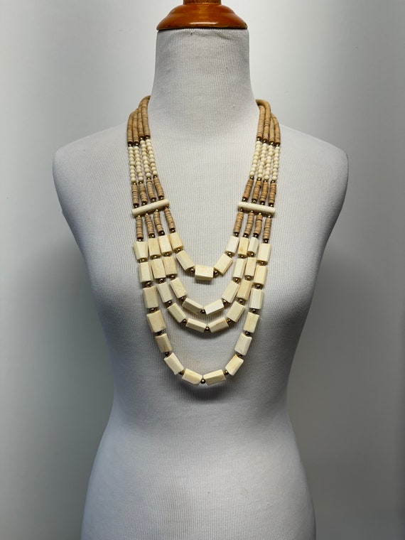 Vintage 70s 80s carved bone multi strand necklace… - image 1