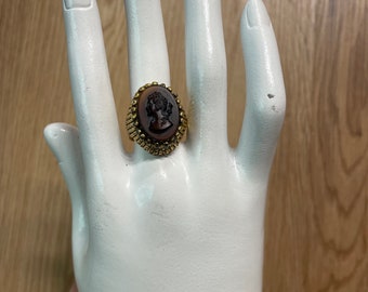 Vintage 60s 70s Gold Carved Cameo Ring Adjustable Cameo Cocktail Ring