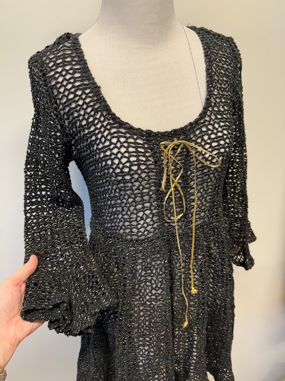 Vintage 90s 00s Y2K knit mesh cover up dress gold metallic thread detail