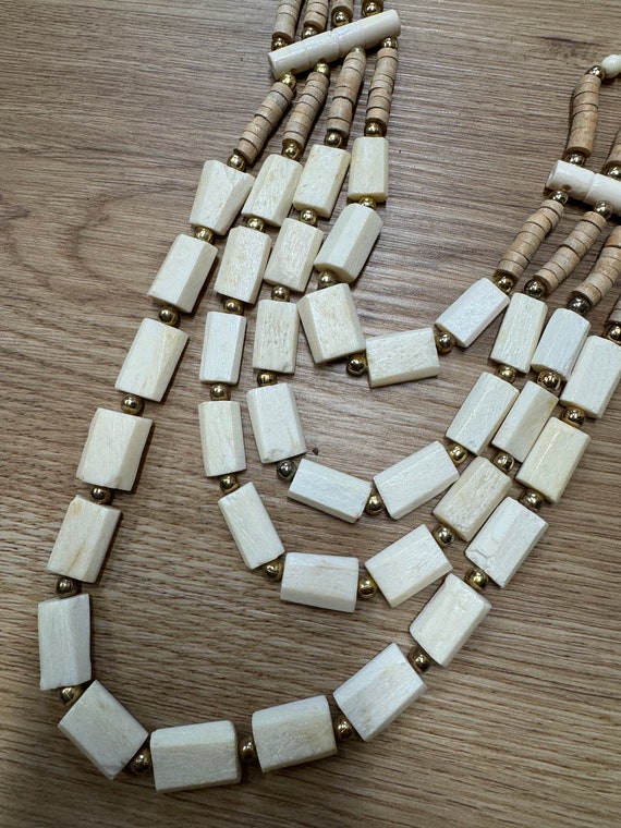 Vintage 70s 80s carved bone multi strand necklace… - image 6