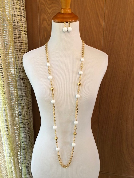 Vintage 70s Monet Extra Long Gold Chain with White