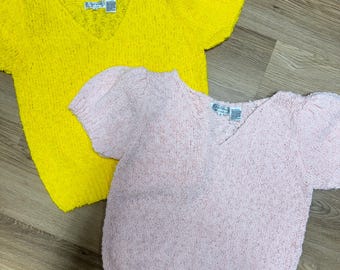Vintage 70s 80s nubby knit sweater top with slightly puff sleeves and v neck choice of pink or yellow
