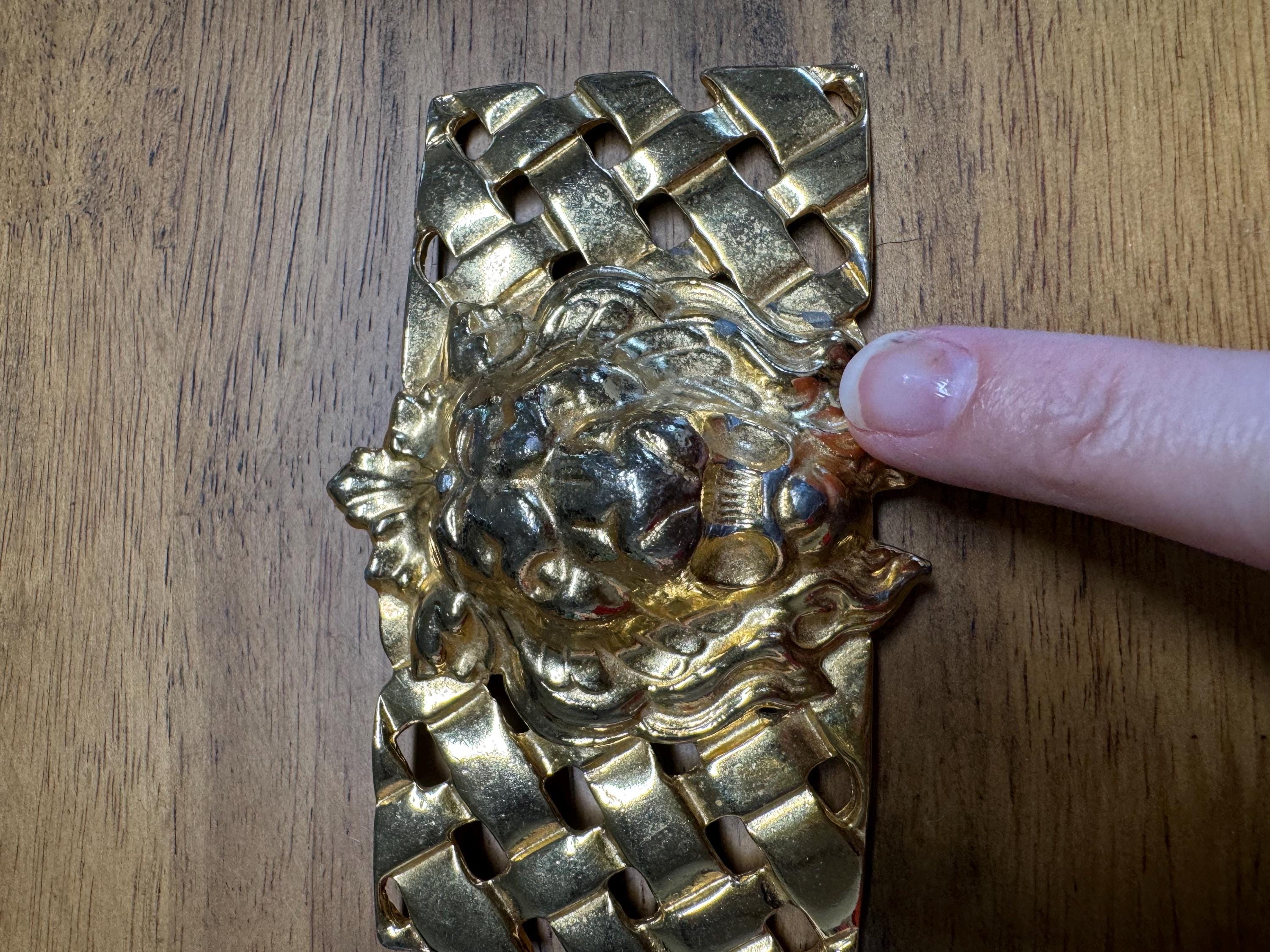 Vintage 80s 90s Gold Lion Head Belt Buckle Chunky Gold 