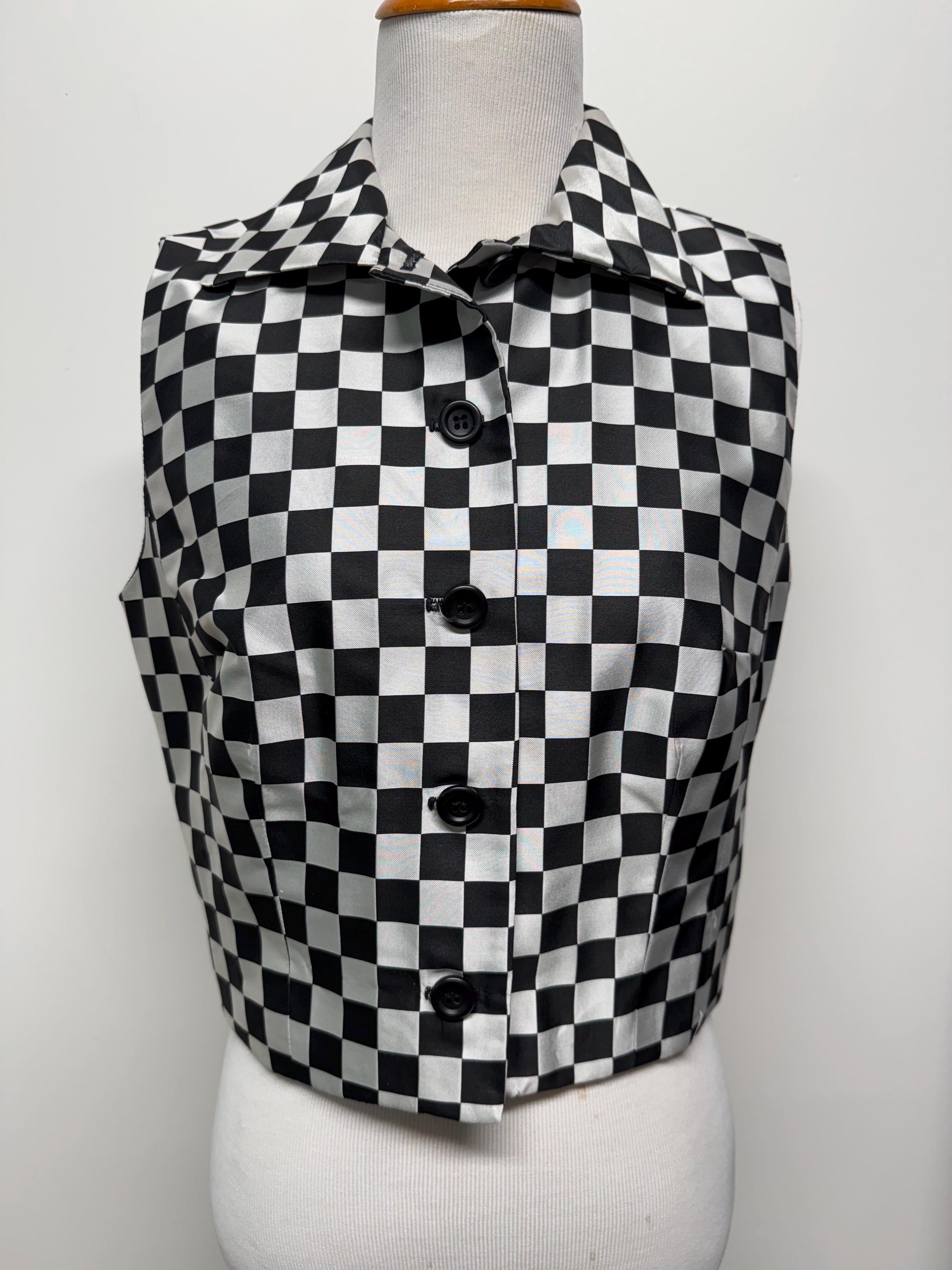 トップス 00s y2k DIESEL archive gimmick tech vest Vintage 90s 00s Y2k Black and White Checkerboard Print Silky