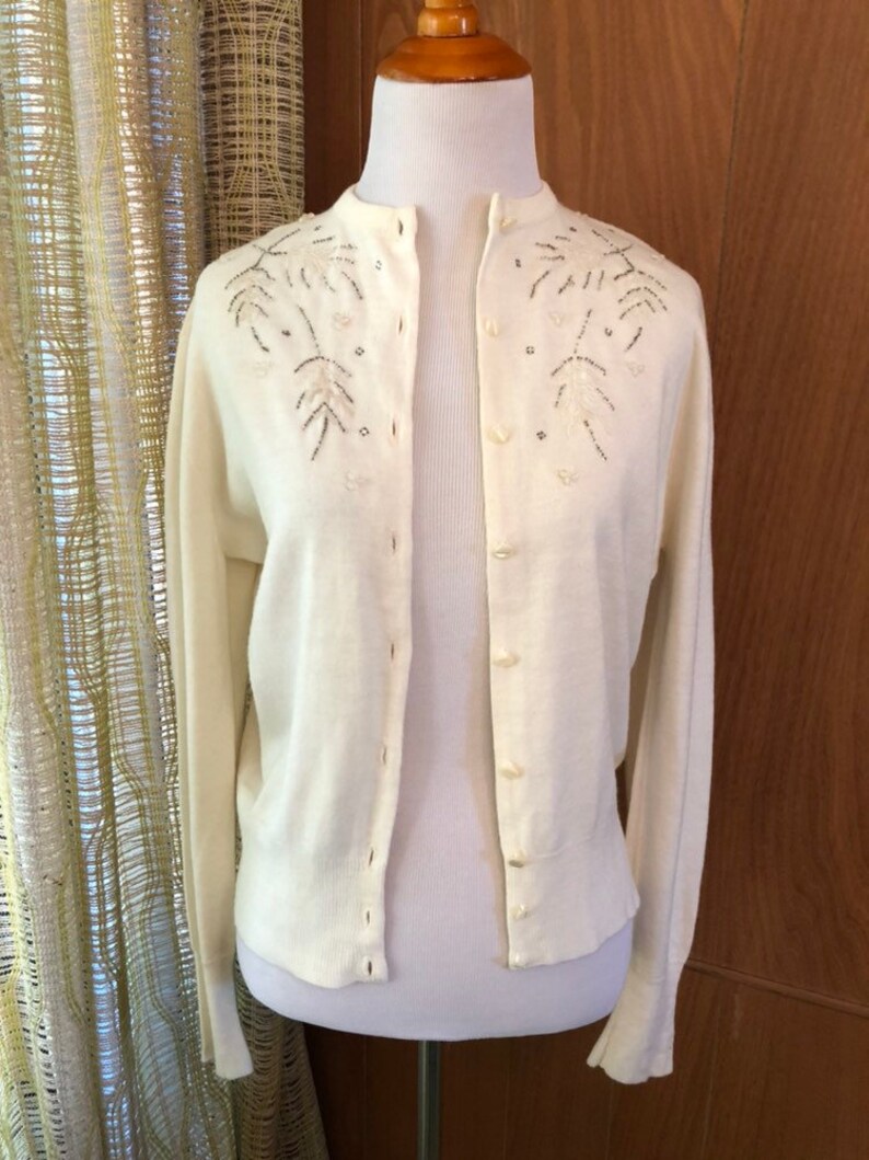 Vintage 50s Beaded Rhinestone Soft Sweater Cardigan Pin Up Etsy