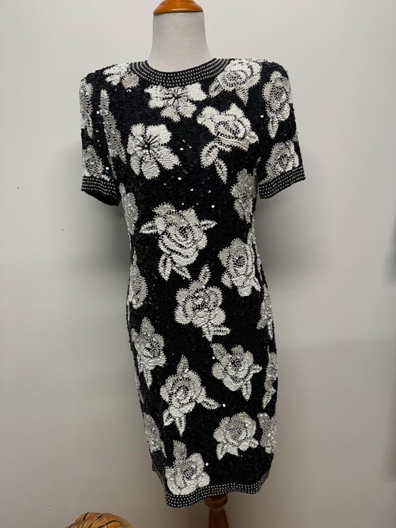 Vintage 80s 90s Heavily Beaded and Sequin Wiggle Dress With Black and White  Flower Design