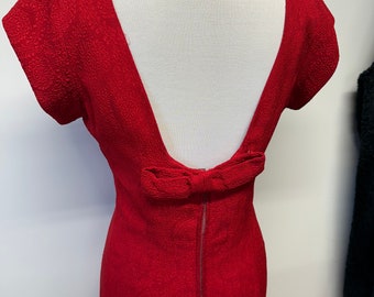 Vintage 50s 60s beautiful bright red embossed fabric low back dress