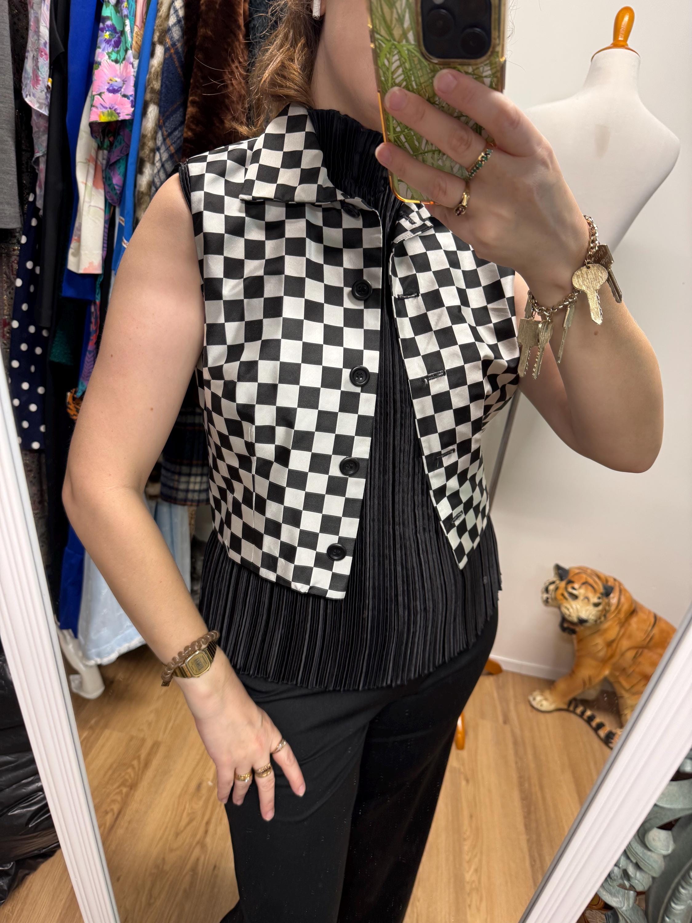 Vintage 90s 00s Y2k Black and White Checkerboard Print Silky