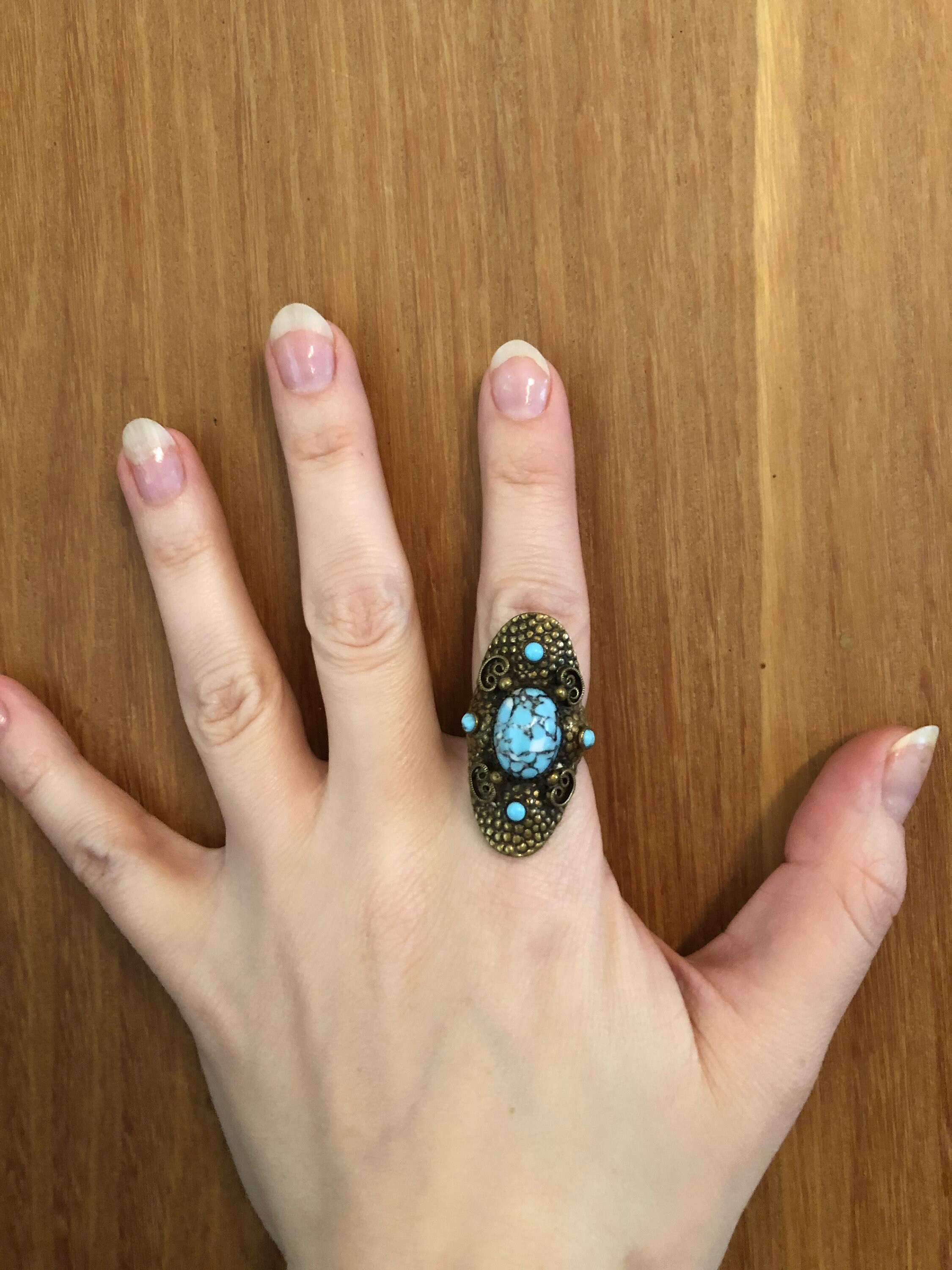 Bague Années 70 En Cuivre Et Résine Turquoise - Taille 55 - Bijou Vintage Bohème