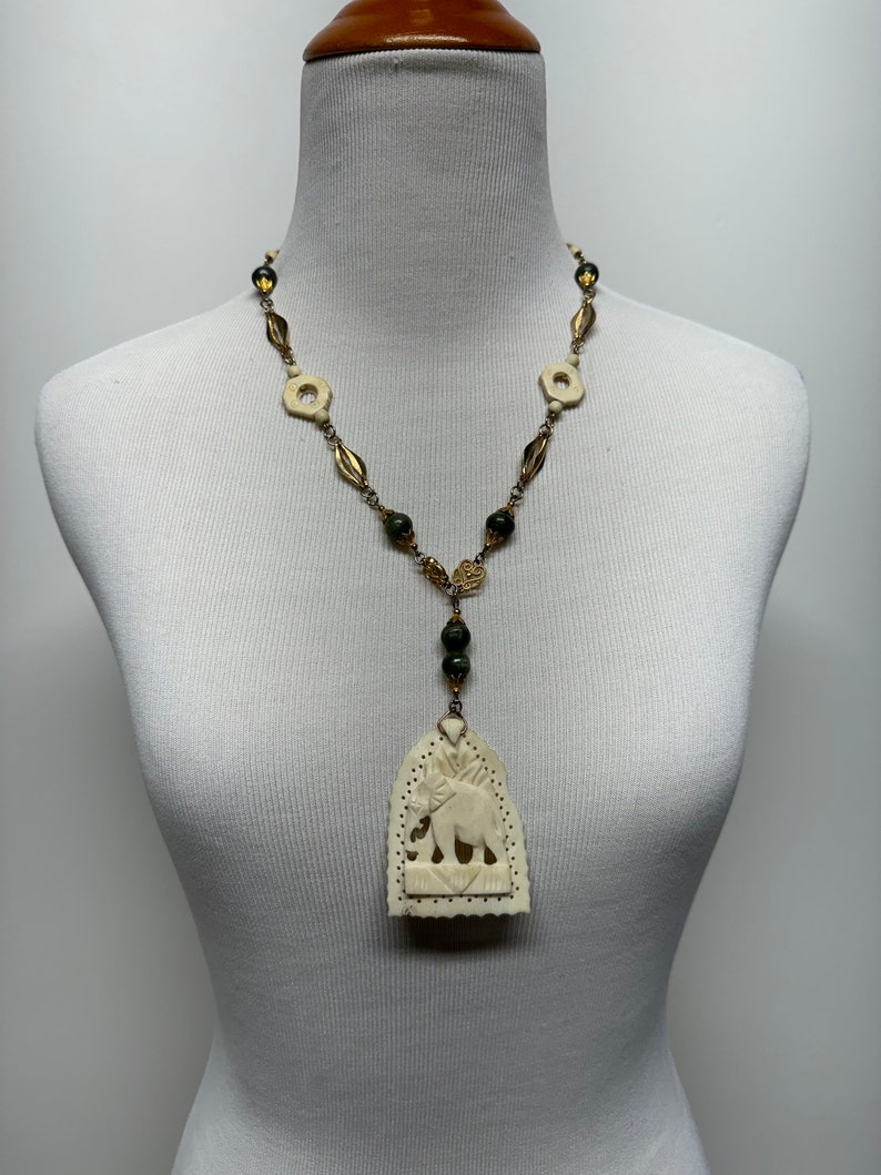 Vintage 60s 70s Carved Bone Necklace With Stone Beads and Elephant ...