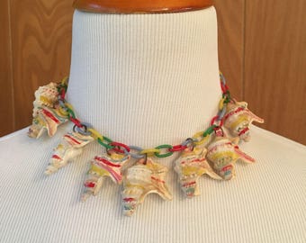 Vintage 30s 40s Carmen Miranda Rainbow Plastic Chain and Painted Shell Necklace