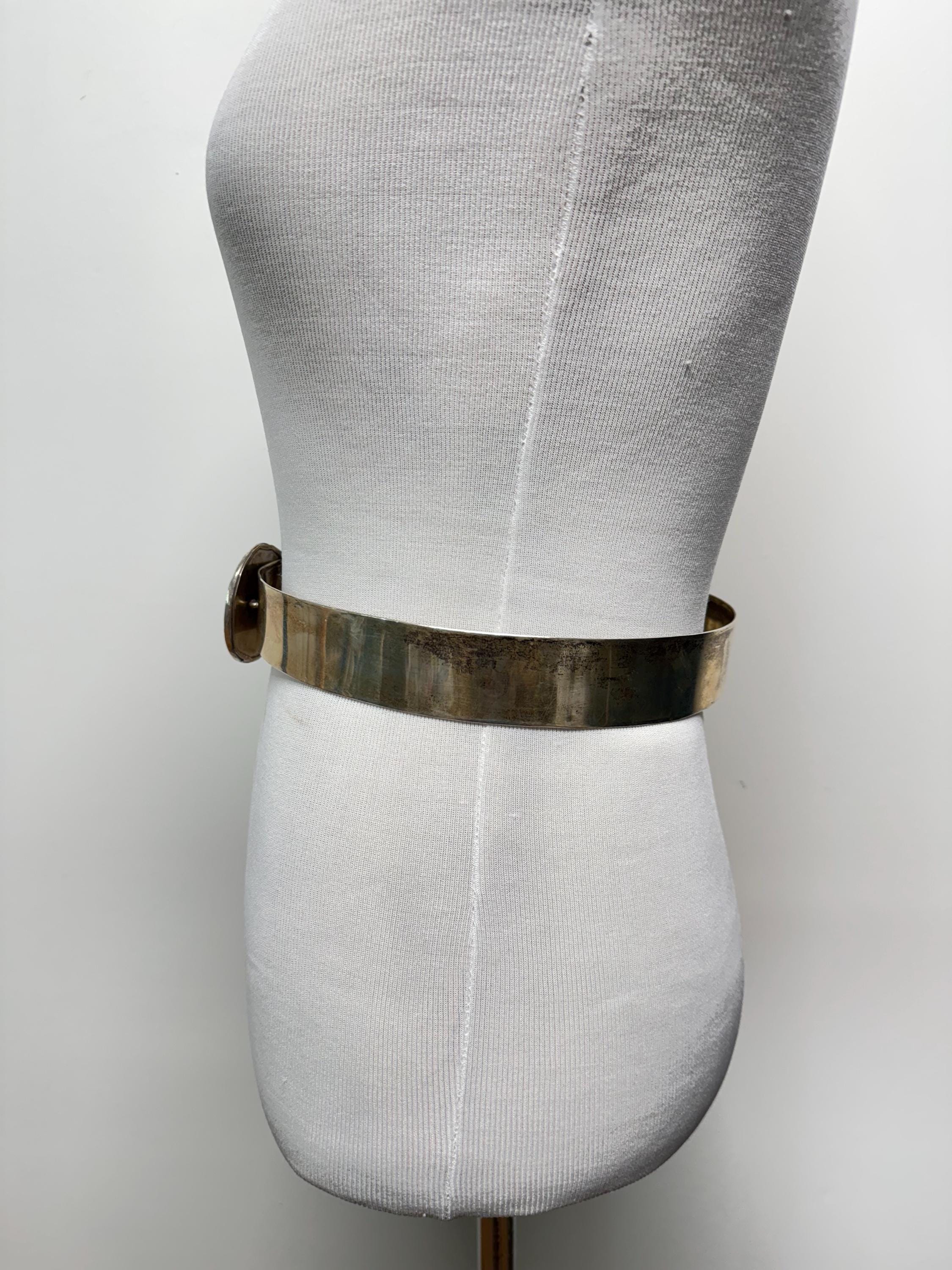Vintage 70s Metal Belt With Inlay Shell Buckle Mother of Pearl