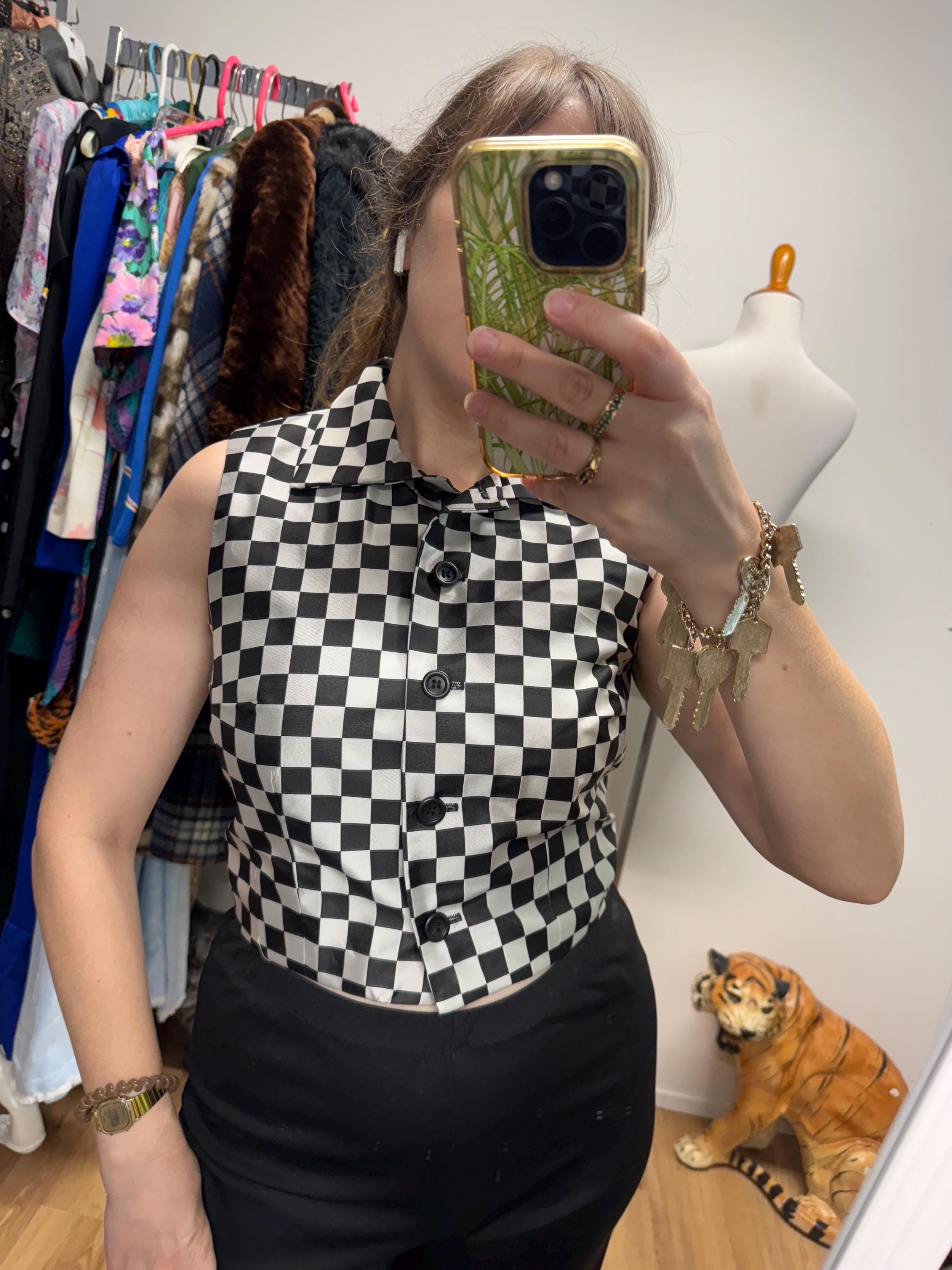 Vintage 90s 00s Y2k Black and White Checkerboard Print Silky 