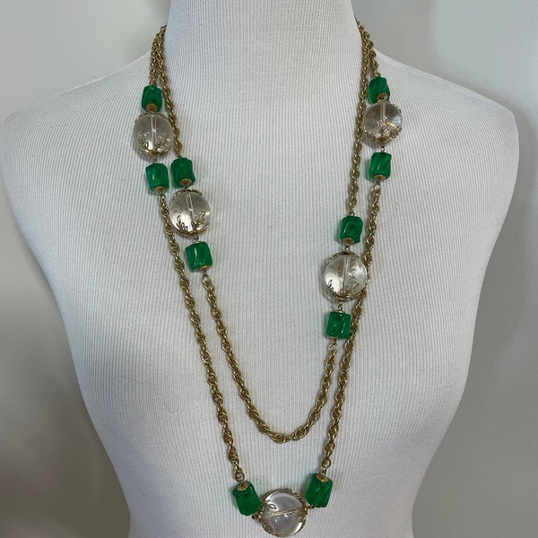 Vintage 60s 70s Gold Green and Clear Lucite Baubles Extra Long Chunk Chain Link Necklace