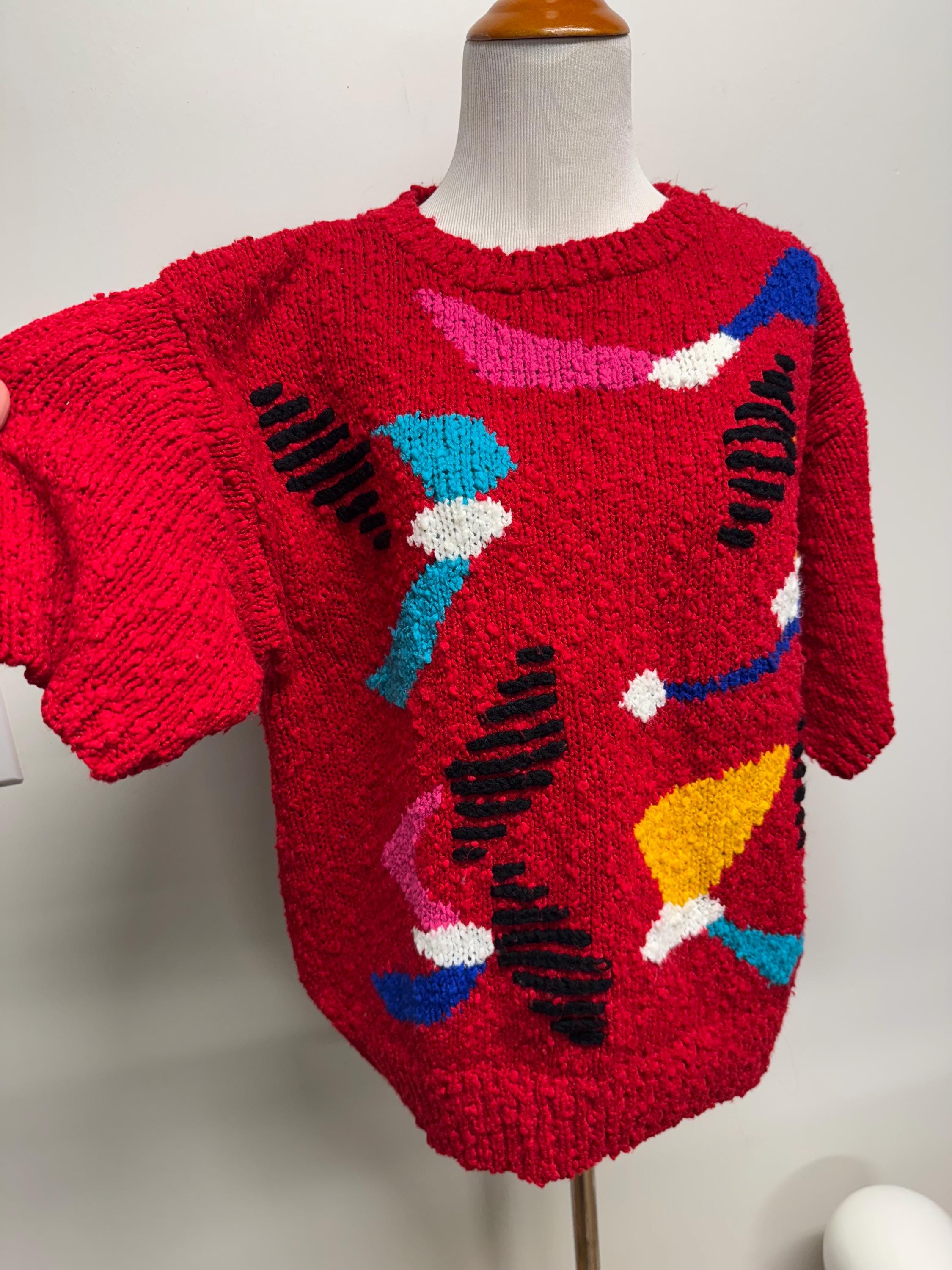 Vintage 80s 90s Bright Colorful Knit Sweater Top Abstract Print 