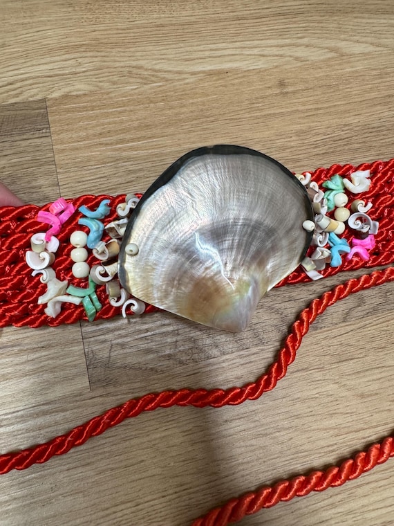 Vintage 70s 80s Mother of Pearl Shell Belt Braided Cord Belt  display picture 2