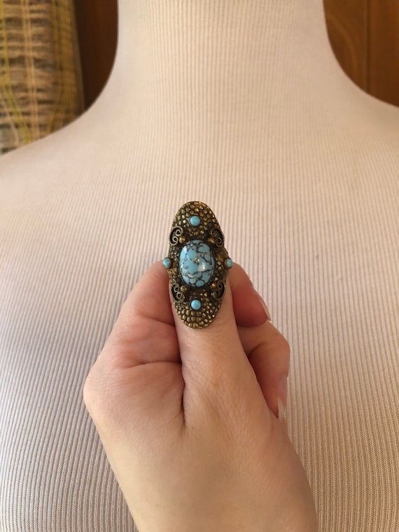 Vintage 70s Turquoise Cabochon Statement Copper B… - image 2