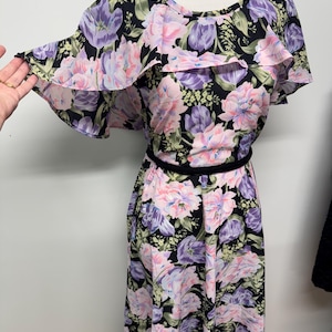Vintage 60s 70s flutter sleeve polyester maxi dress prom dress bright flower power