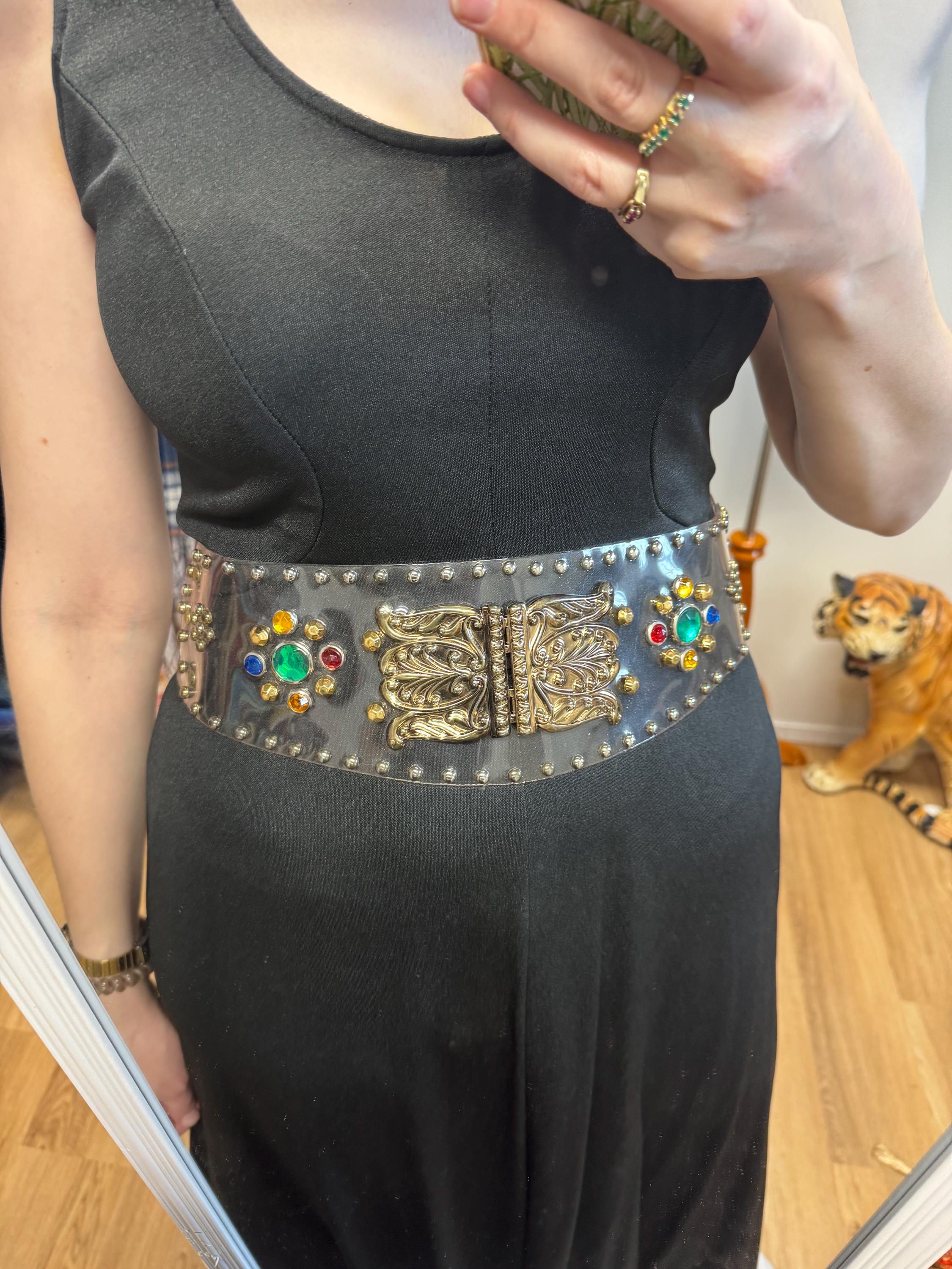 Ceinture large de catcheur disco vintage des années 70, 80, clouté en vinyle transparent avec strass et clous - France