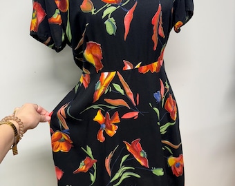 Vintage 90s mini floral dress rayon silky feel sundress dark floral babydoll dress