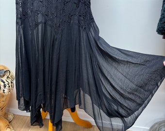 Vintage 90s embroidered eyelet sheer goth style day dress handkerchief hem