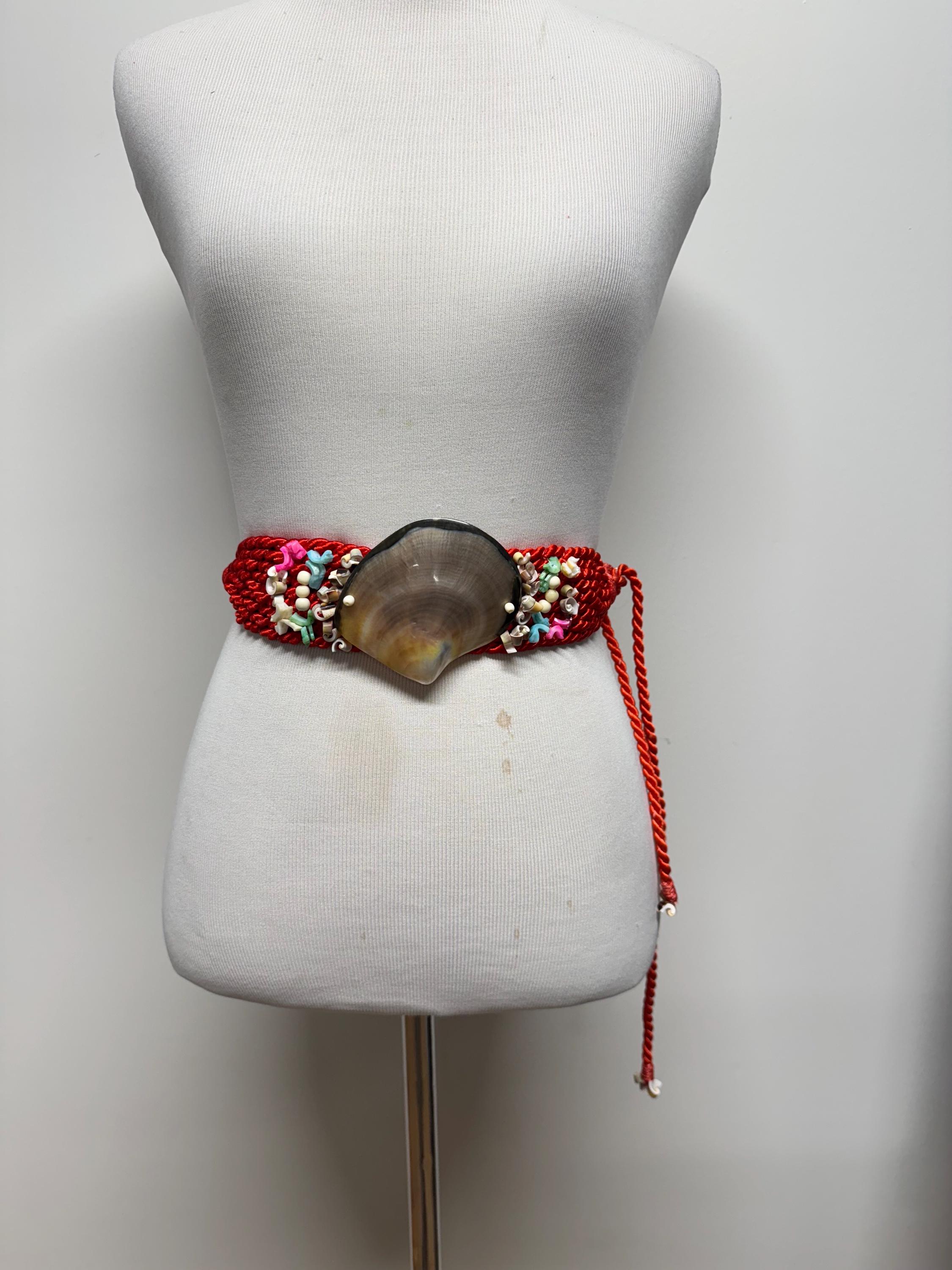 Vintage 70s 80s Mother of Pearl Shell Belt Braided Cord Belt  display picture 2