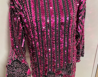 Vintage 80s 90s hot pink sequin and beaded top with flower design at the hem and sleeves