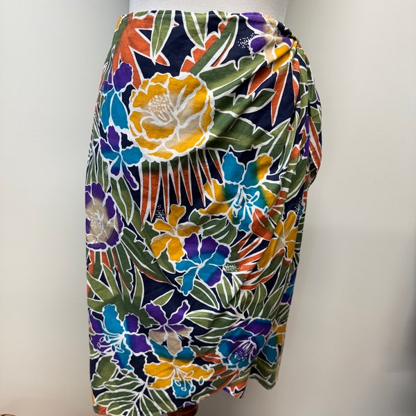 Vintage 80s  90s tropical floral print pencil skirt with faux warp detail bright colors