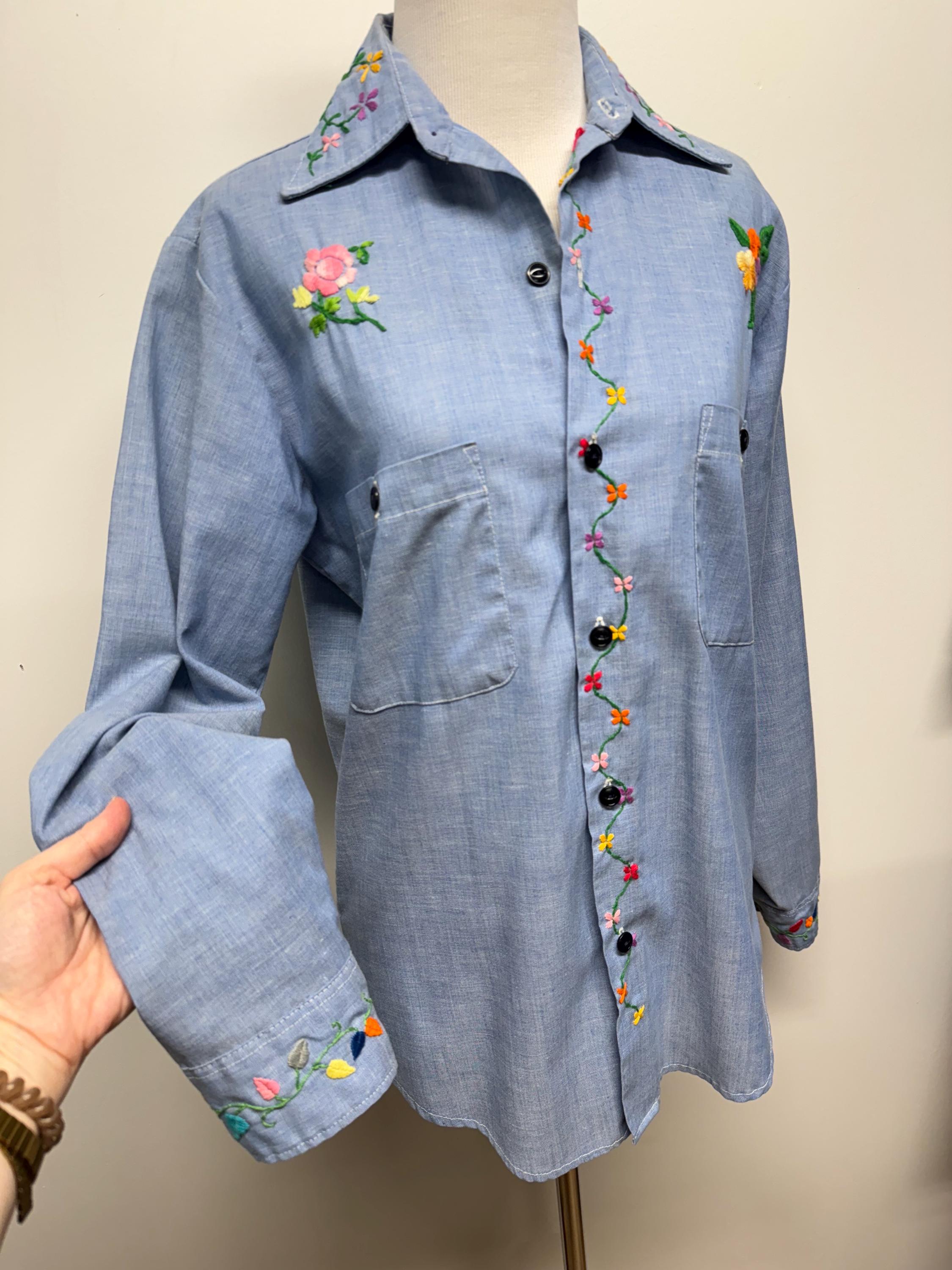 Vintage 70s Hand Embroidered Chambray Work Shirt Floral Design