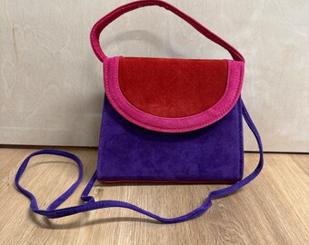 Vintage 80s 90s multicolored suede Leather color clock Purse with top handle and crossbody strap