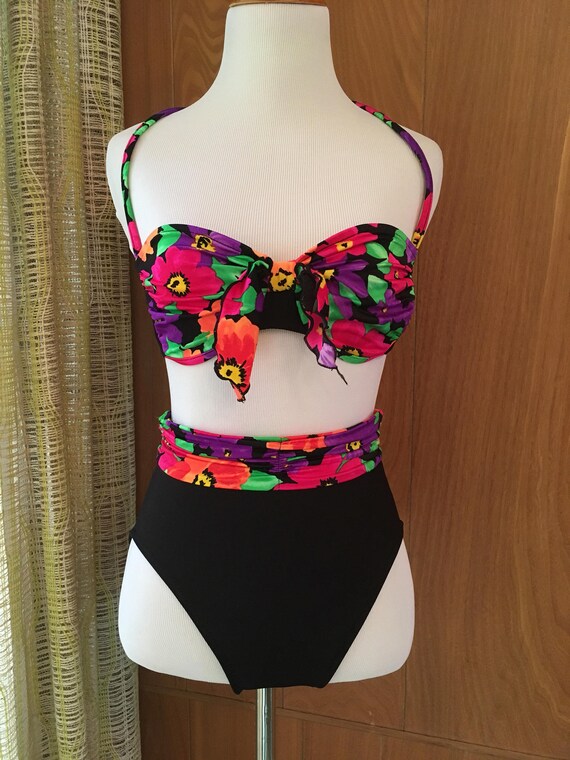 Vintage 90s High Waist Bikini Black and Floral Und